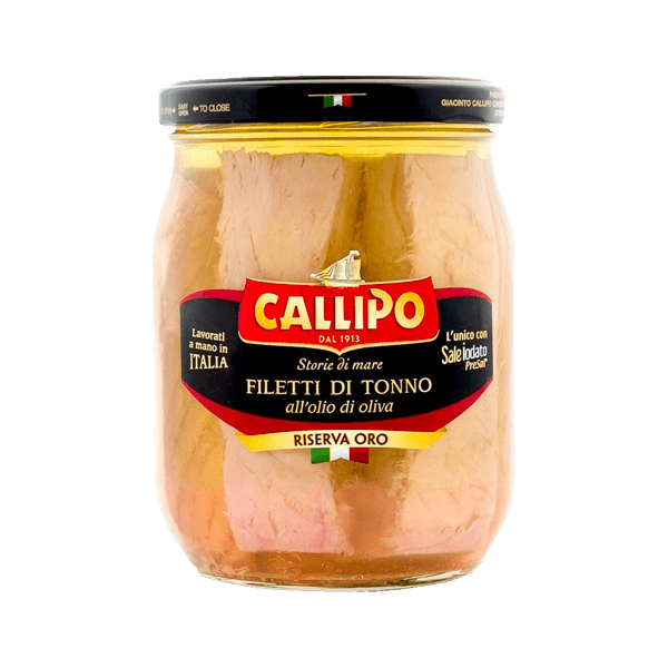 Thunfischfilets in Olivenöl Riserva Oro sind von Callipo.