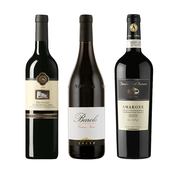 Weinset 3x1. Die drei roten Könige: Amarone, Barolo und Brunello. Ein prestigeträchtiges Weinset mit den drei besten italienischen Rotweinen.