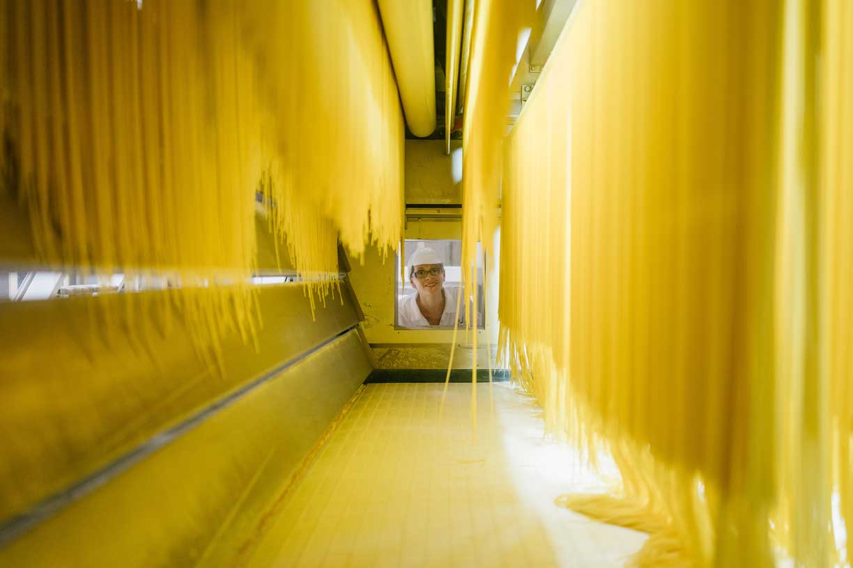 Lange Pastastränge hängen zum Trocknen in der Produktionslinie von La Molisana