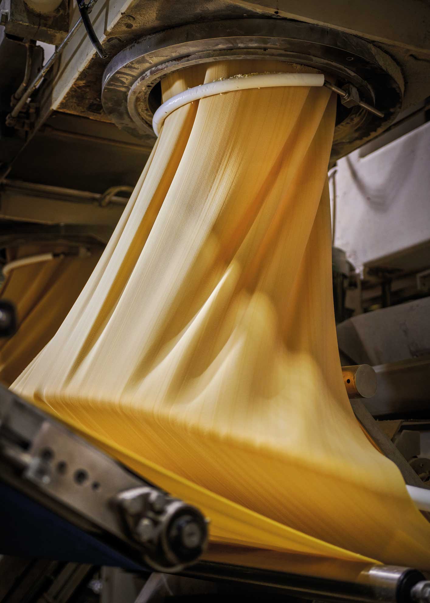 Pastateig fließt durch eine Maschine in der La Molisana Fabrik während der Produktion