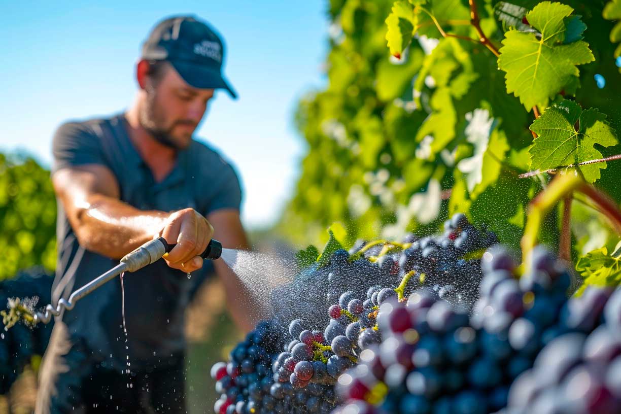 Ein Winzer von Cantina di Venosa besprüht Aglianico-Reben im Weinberg mit Wasser, während die Trauben unter der Sonne reifen