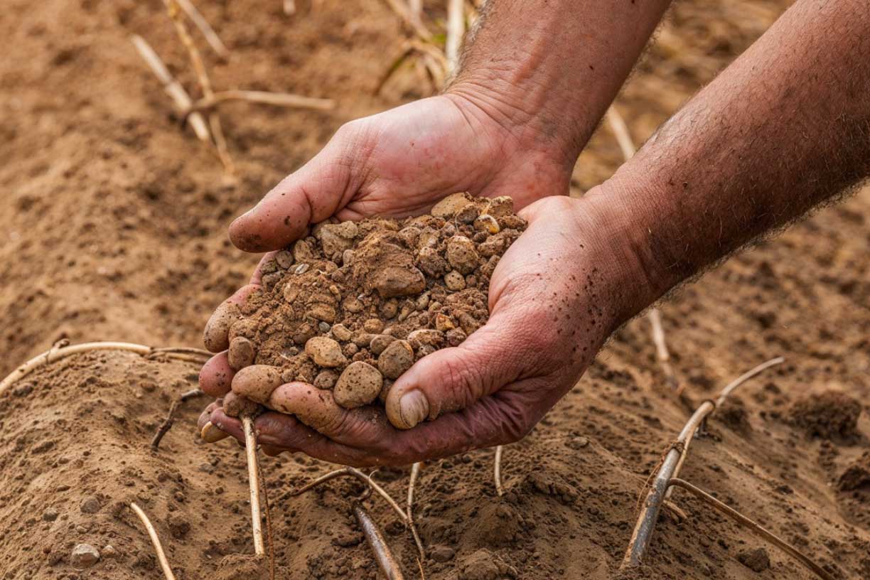 Ein Landwirt hält fruchtbaren Boden in seinen Händen, was die Bedeutung der Erde für die Herstellung von Caputo-Mehl hervorhebt