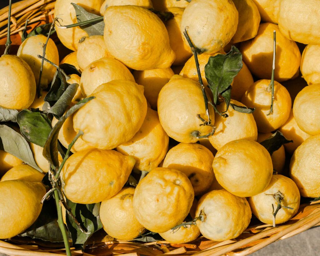 Ein Korb voller frischer, gelber Zitronen, deren Blätter teilweise noch an den Stielen hängen. Diese Zitronen, vermutlich aus der Region Kampanien, sind die Hauptzutat für die Herstellung des traditionellen italienischen Limoncellos, eines beliebten Zitronenlikörs. Die frische und leuchtend gelbe Farbe der Früchte betont die hohe Qualität und Authentizität der Zitronen, die für diesen typisch italienischen Likör verwendet werden