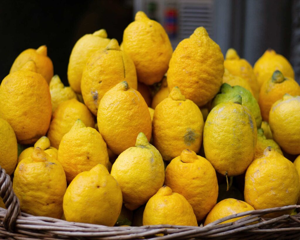 Ein Korb voller frischer, leuchtend gelber Zitronen, die für die Herstellung von Limoncello verwendet werden