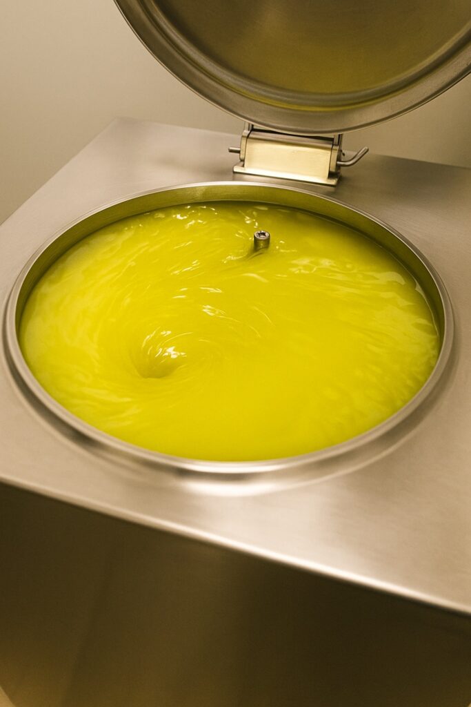 Edelstahlbehälter mit gelbem Limoncello in Bewegung – handwerklich-industrielle Produktion von italienischem Zitronenlikör in moderner Brennerei.