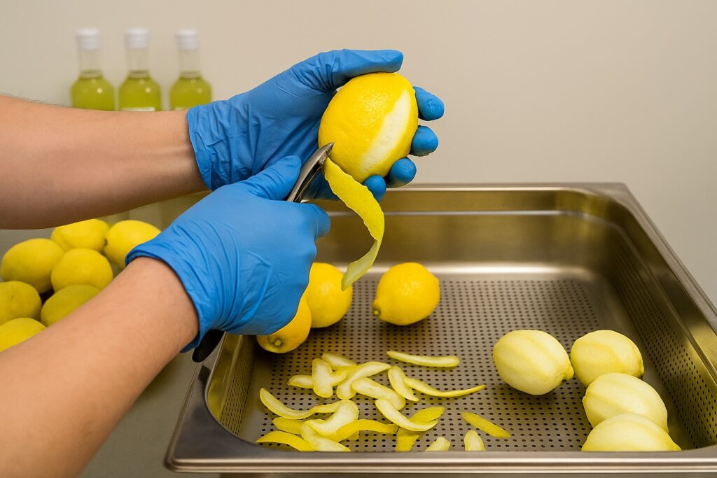Handwerkliche Limoncello-Produktion: Arbeiter mit blauen Handschuhen schält frische Zitronen über einem Edelstahlbehälter, Zitronenschalen und vorbereitete Früchte sichtbar.