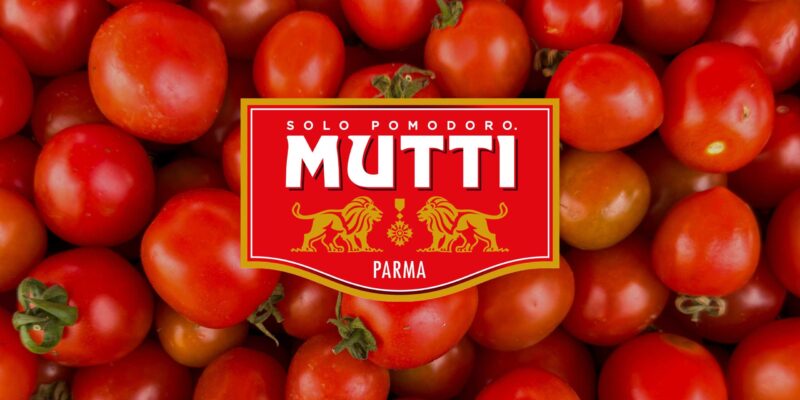 Mutti-Logo über einer Fülle von reifen, roten Tomaten, die den Fokus auf die hochwertige Tomatenproduktion der Marke Mutti legen