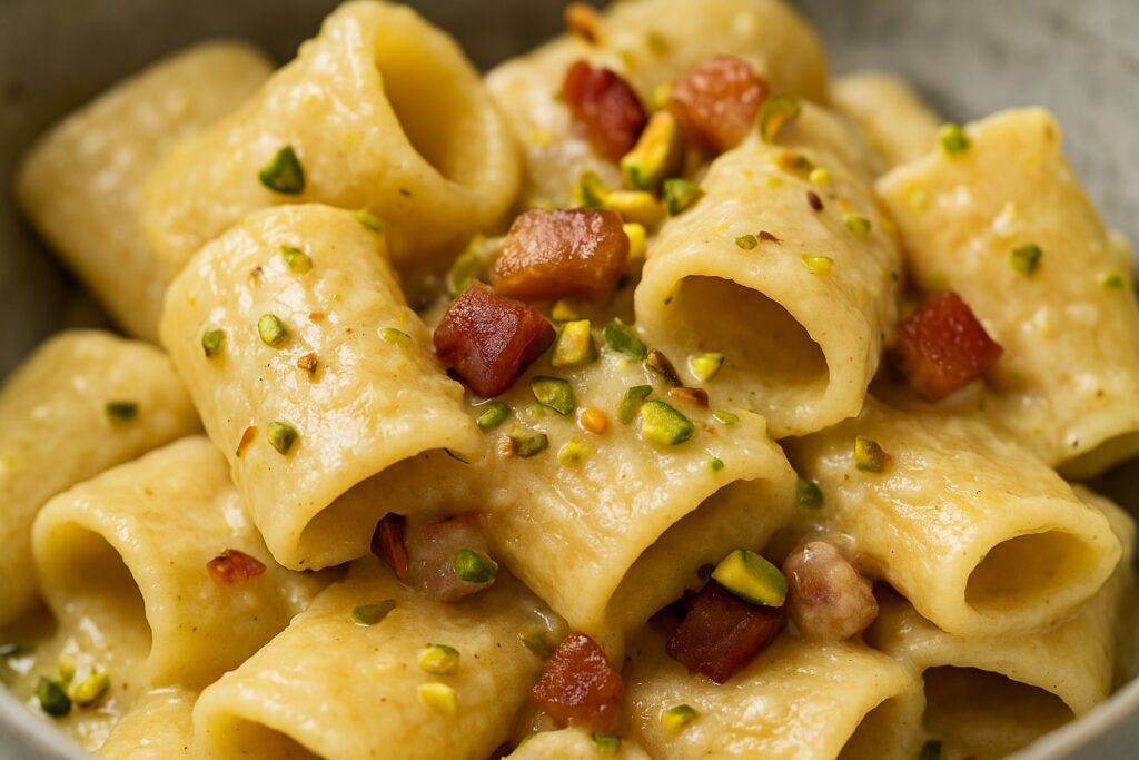 Nahaufnahme eines cremigen Paccheri-Gerichts mit Burrata-Sauce, knuspriger Pancetta und gehackten Pistazien, serviert auf einem dunkelgrauen Teller – authentische italienische Küche