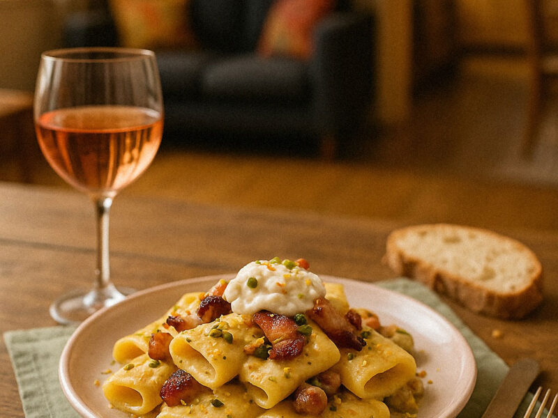 Paccheri mit Burrata-Creme, Pancetta und Pistazien. Ein Genuss aus der italienischen Küche
