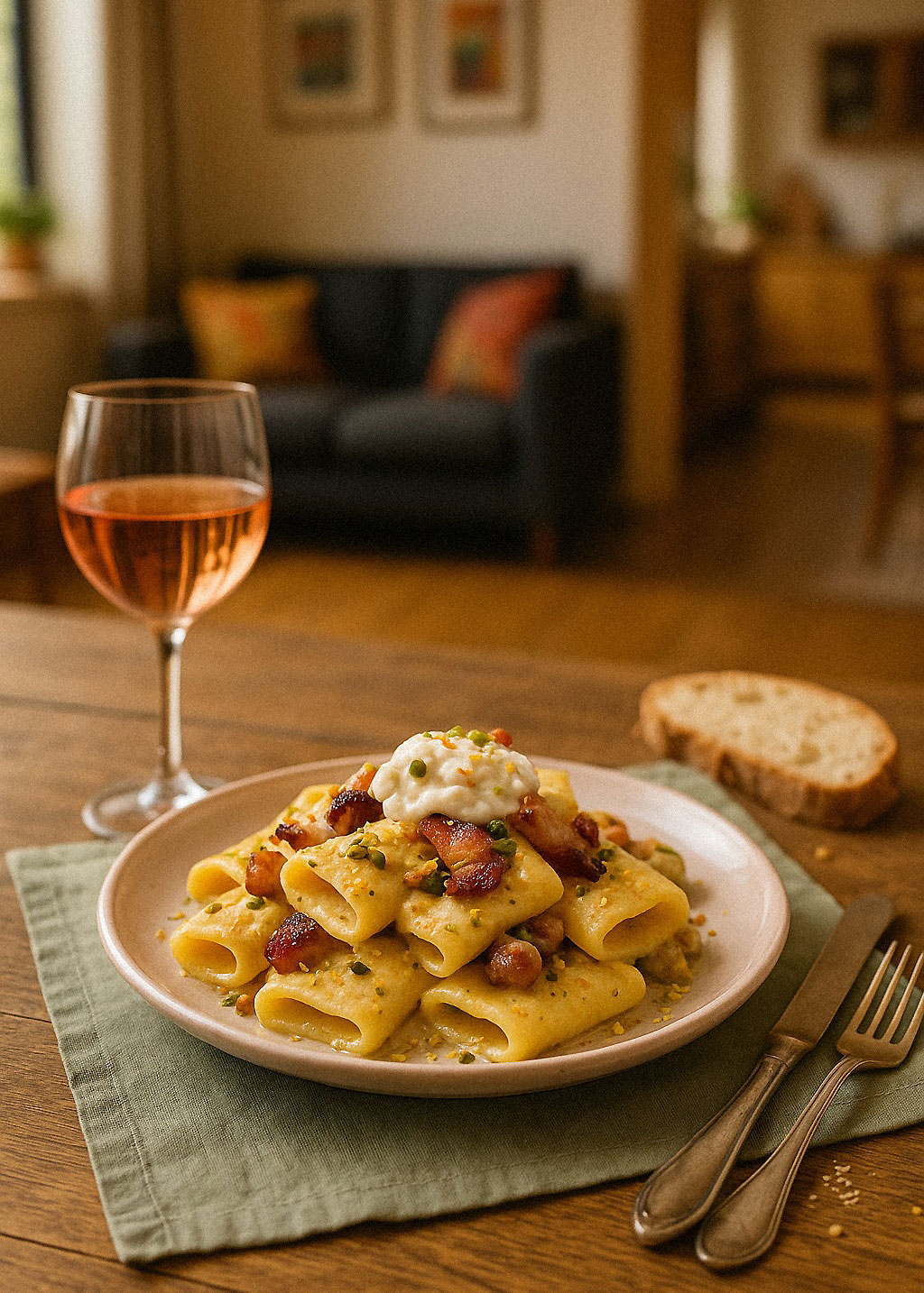 Paccheri mit Burrata-Creme, Pancetta und Pistazien. Ein Genuss aus der italienischen Küche
