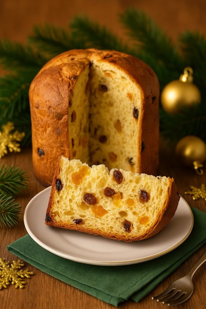 Traditioneller italienischer Panettone mit kandierten Früchten und Rosinen, festlich angerichtet mit Tannenzweigen und goldenen Weihnachtsdekorationen.