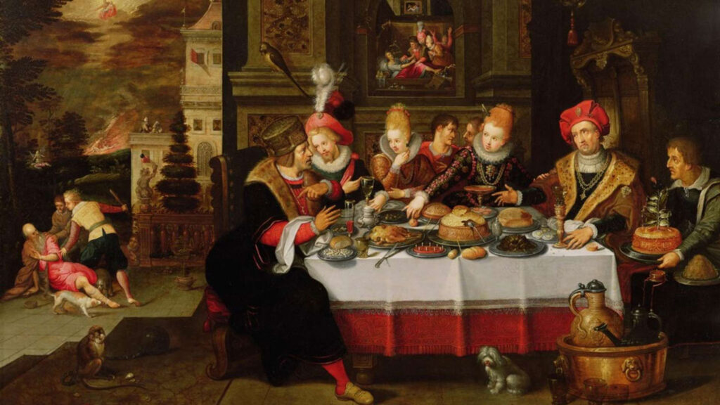 Ein historisches Gemälde zeigt eine opulente Festtafel, an der adelige Figuren in prunkvollen Gewändern speisen. Auf dem Tisch sind verschiedene Speisen, darunter ein auffälliger Panettone, kunstvoll angerichtet. Die Gäste sind in lebhafte Gespräche vertieft, während im Hintergrund dramatische Szenen wie eine brennende Landschaft und ein Streit zwischen zwei Männern dargestellt sind. Die detaillierte Darstellung des Panettone und anderer Speisen sowie die prachtvolle Tischdekoration vermitteln einen Einblick in die festliche Esskultur und das gesellschaftliche Leben der Renaissance oder des Barock