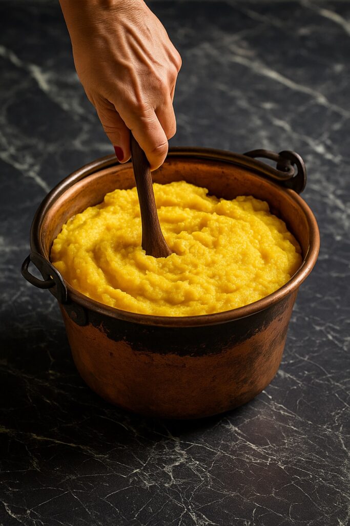 raditionelle Polenta im Kupferkessel, von Hand mit Holzlöffel gerührt, auf dunkler Marmoroberfläche – authentische italienische Küche.