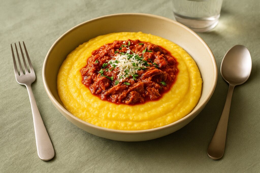 Cremige Polenta mit herzhaftem Rinderragù, serviert im tiefen Teller auf grüner Salbei-Tischdecke, garniert mit frisch geriebenem Parmesan und Petersilie – authentische norditalienische Küche.