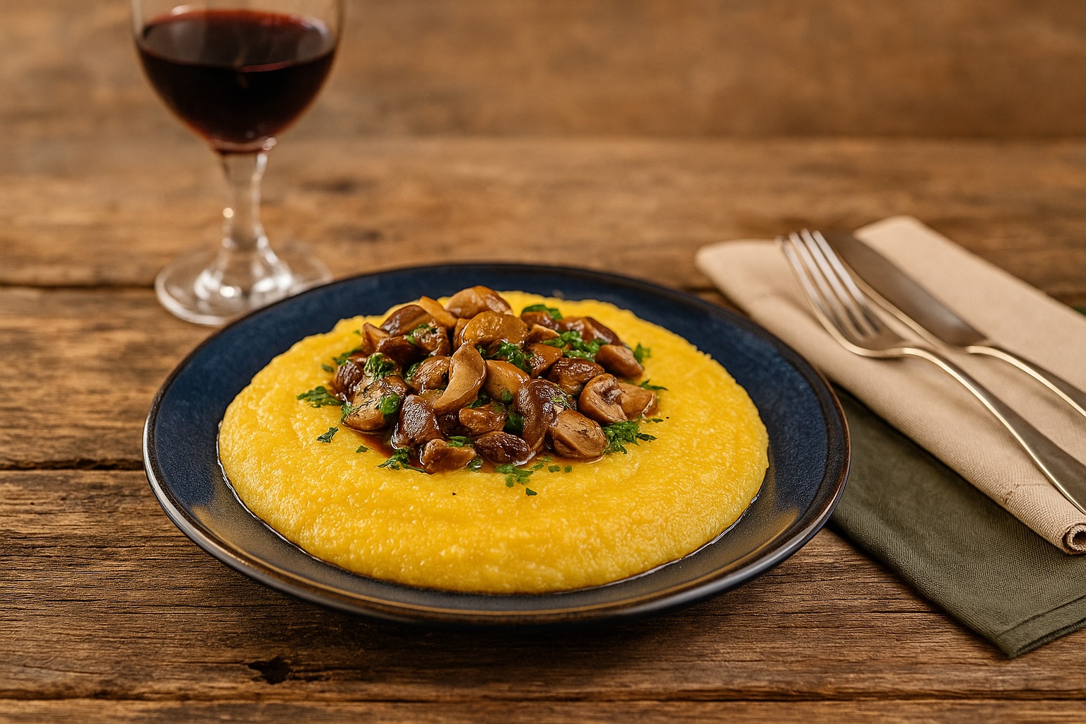 Cremige Polenta auf rustikalem Holztisch, serviert mit sautierten Steinpilzen und frischer Petersilie auf blauem Teller, Glas Rotwein und elegantes Besteck auf beiger Serviette daneben.