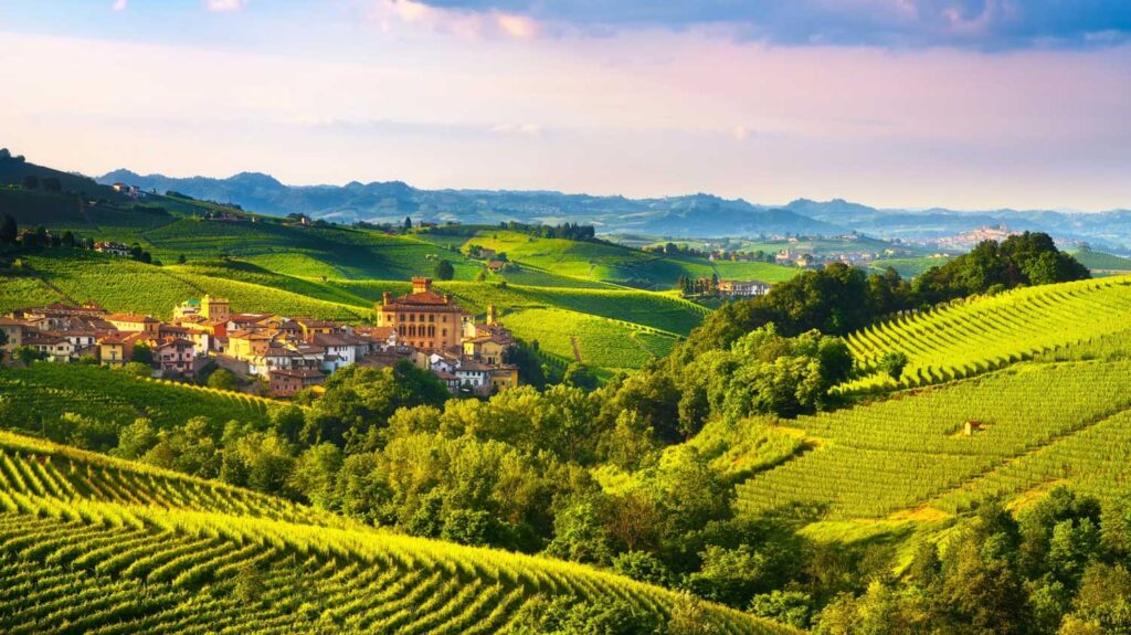 Ein malerisches Panorama der Hügellandschaft im Piemont mit Weinbergen und einem kleinen historischen Dorf inmitten der Barolo-Region.