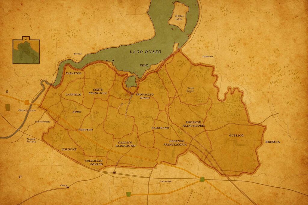 Historische Karte der Weinregion Franciacorta rund um den Lago d’Iseo in der Lombardei – mit eingezeichneten Anbaugebieten, Ortschaften und den Grenzen des DOCG-Gebiets.