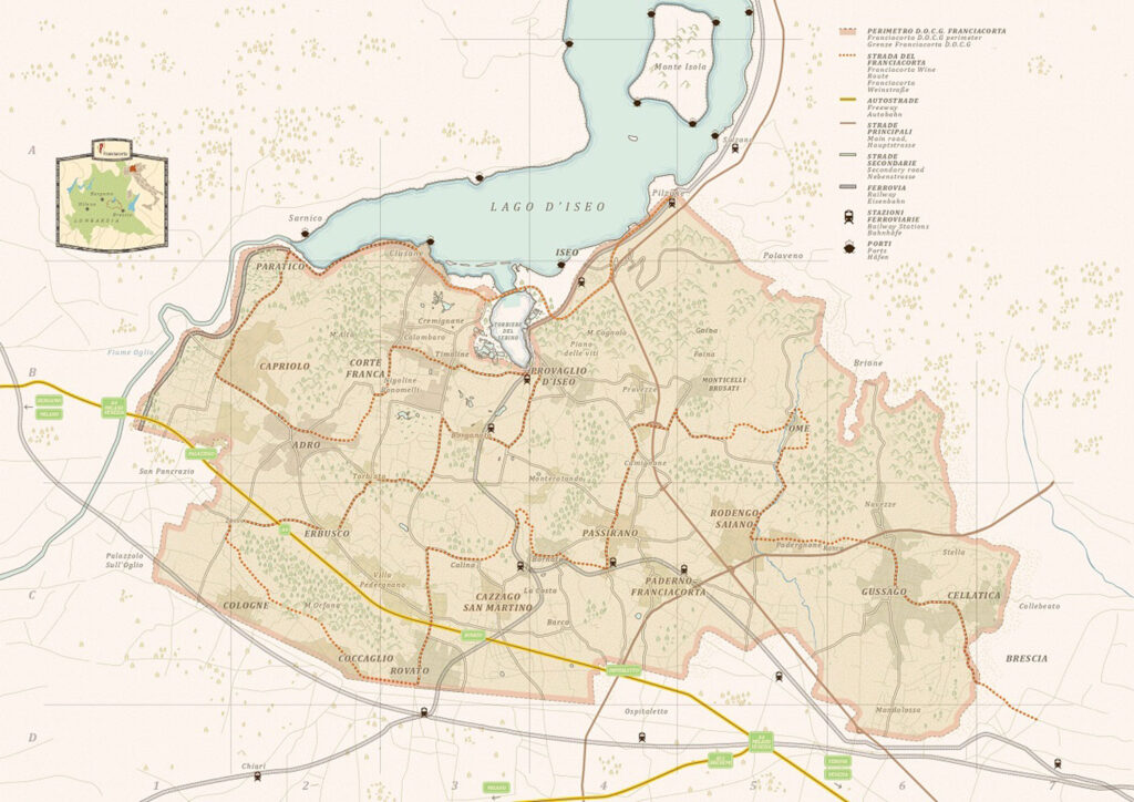 Karte der Franciacorta-Region in Norditalien, die den Lago d’Iseo, umliegende Gemeinden wie Erbusco, Adro und Provaglio d’Iseo sowie wichtige Straßen und Zugverbindungen zeigt. Diese Region ist bekannt für ihre hochwertigen Schaumweine, die oft als Italiens Antwort auf Champagner bezeichnet werden.