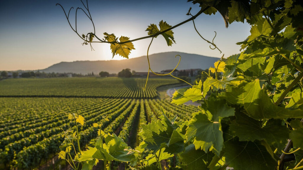 Panorama einer Weinlandschaft in Franciacorta bei Sonnenuntergang, umgeben von Weinbergen und einer hügeligen Landschaft, die die Schönheit der Region unterstreicht.