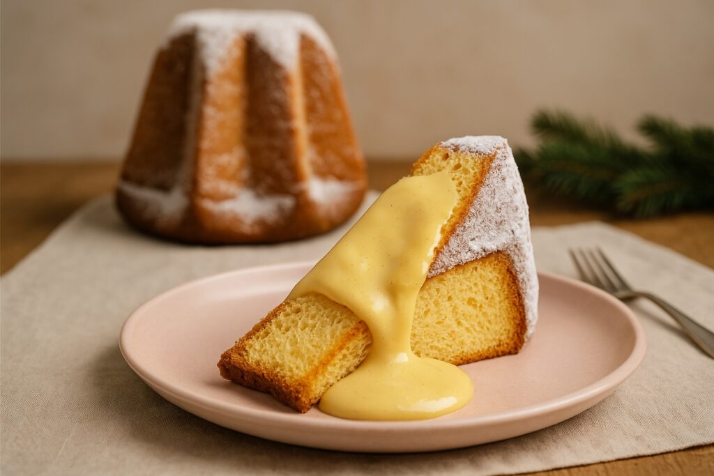 Ein Stück Pandoro auf einem zart rosafarbenen Keramikteller, bedeckt mit cremiger Zabaione-Creme; im Hintergrund unscharf ein ganzer Pandoro. Warme Weihnachtslichter sorgen für eine festliche Stimmung.