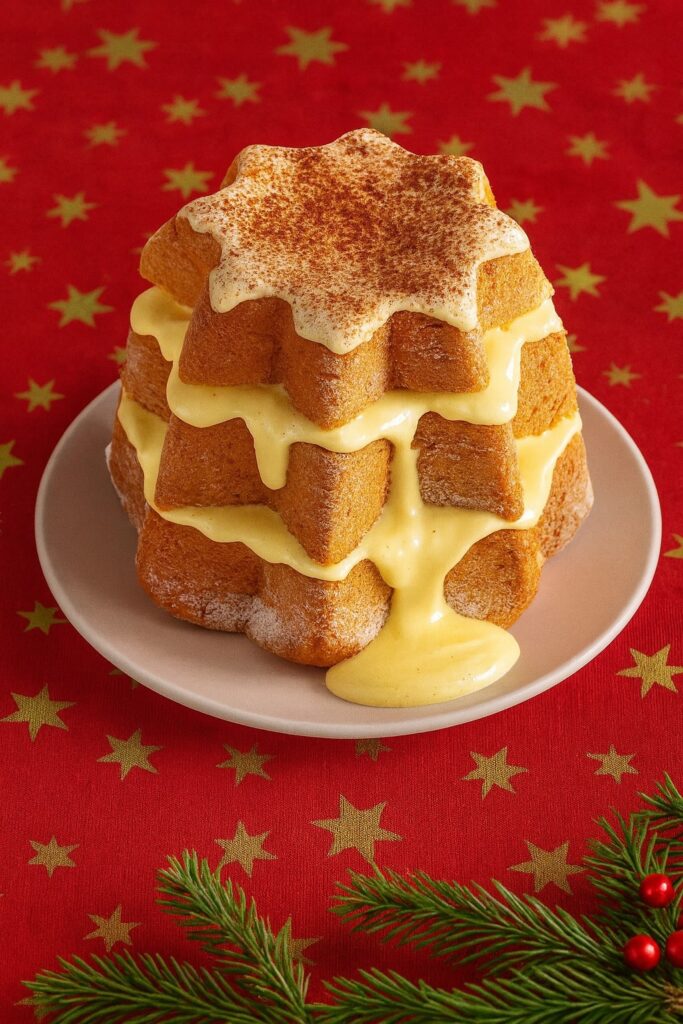 Gestapelter Pandoro in Sternform, mit cremiger Zabaione-Füllung und Kakaopulver bestäubt, auf einer roten Weihnachtstischdecke angerichtet. Die Szene vermittelt eine warme, festliche Atmosphäre.