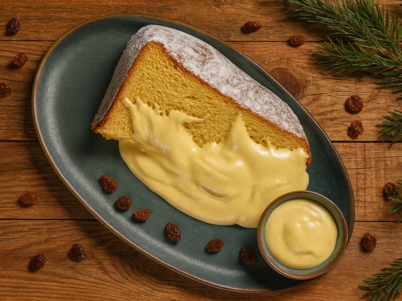 Ein Stück Pandoro mit reichhaltiger Zabaione-Creme auf einem ovalen Teller in Wassergrün mit blauen und braunen Akzenten, daneben eine beige-graue runde Schale mit Zabaione; rustikale Holztischplatte und Tannenzweige schaffen eine festliche Weihnachtsatmosphäre.