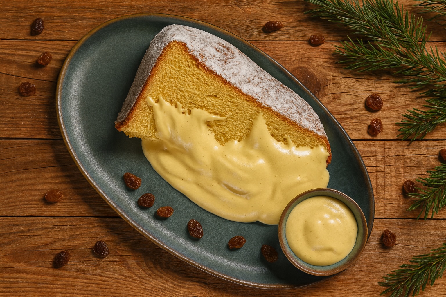 Ein Stück Pandoro mit reichhaltiger Zabaione-Creme auf einem ovalen Teller in Wassergrün mit blauen und braunen Akzenten, daneben eine beige-graue runde Schale mit Zabaione; rustikale Holztischplatte und Tannenzweige schaffen eine festliche Weihnachtsatmosphäre.