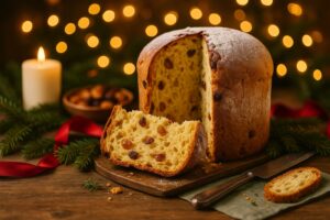 Traditioneller italienischer Panettone auf rustikalem Holztisch, angeschnitten mit einer Scheibe im Vordergrund, dekoriert mit Tannenzweigen, Kerze und Nüssen – festliche Weihnachtsatmosphäre mit warmem Bokeh-Licht.