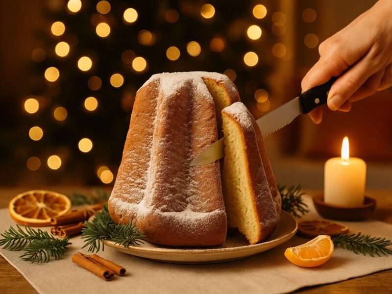 Italienischer Pandoro, mit Puderzucker bestäubt, während eine Hand eine Scheibe anschneidet, dekoriert mit Zimtstangen, getrockneten Orangen und Tannenzweigen auf beiger Tischdecke – festliche Weihnachtsstimmung mit warmen Lichtern.