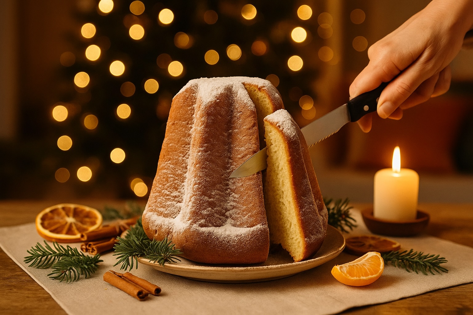 Italienischer Pandoro, mit Puderzucker bestäubt, während eine Hand eine Scheibe anschneidet, dekoriert mit Zimtstangen, getrockneten Orangen und Tannenzweigen auf beiger Tischdecke – festliche Weihnachtsstimmung mit warmen Lichtern.
