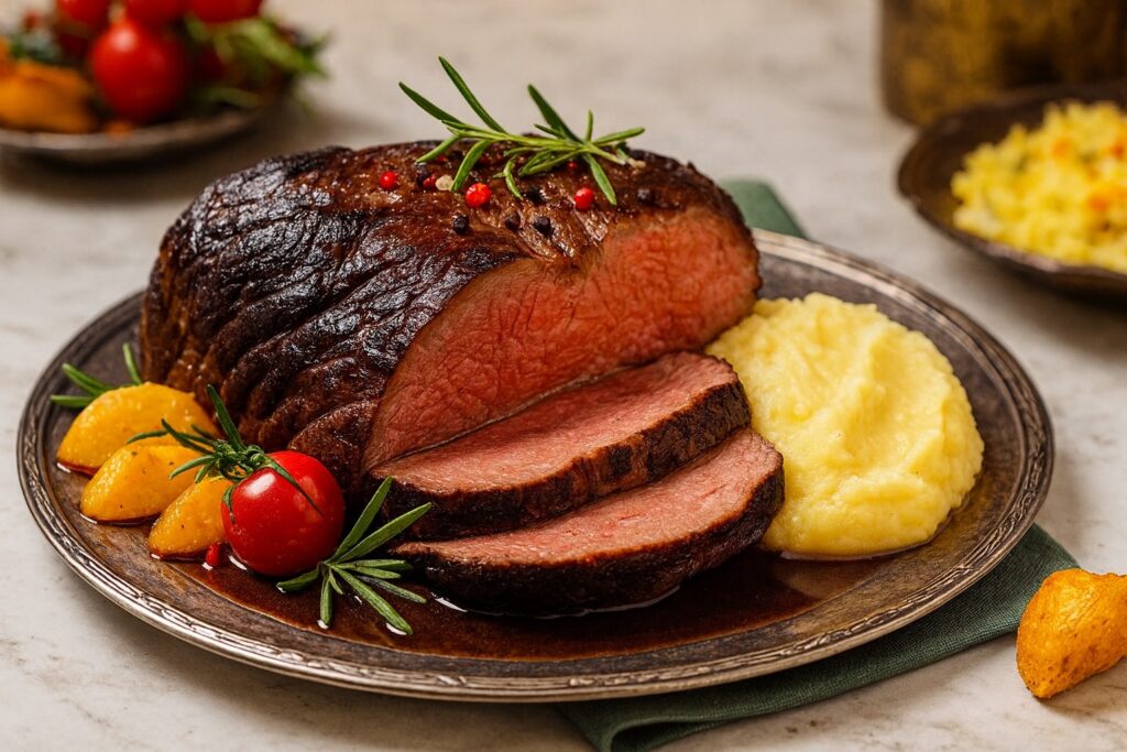 Brasato al Barolo – traditioneller italienischer Rinderbraten, langsam im edlen Barolo-Rotwein geschmort, serviert mit Rosmarin, Tomaten und goldbraunen Kartoffeln auf rustikalem Teller