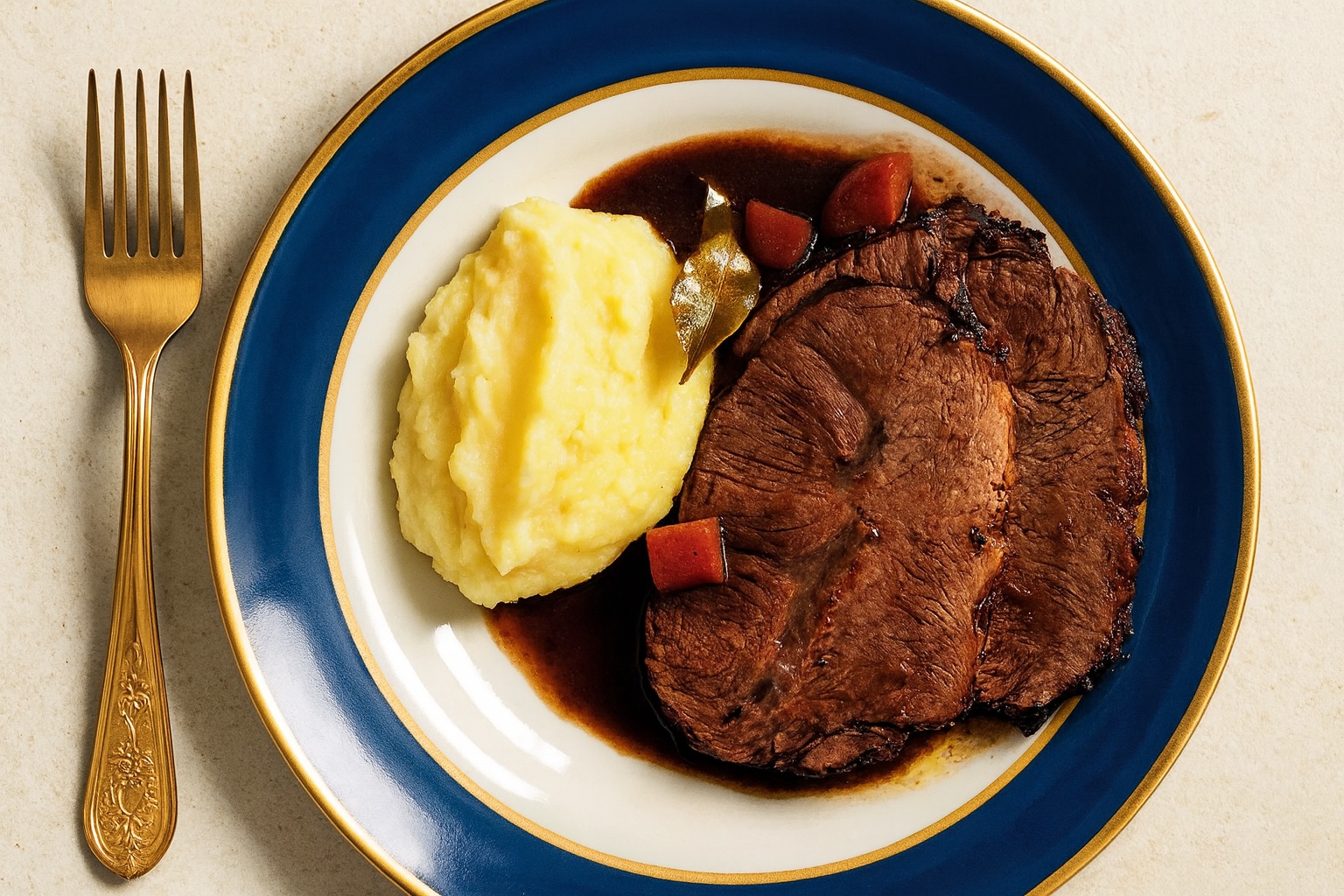 Zartes Brasato al Barolo mit cremigem Kartoffelpüree, angerichtet auf elegantem Porzellan, verfeinert mit Rotweinsauce – piemontesische Spezialität aus Rindfleisch und Barolo-Wein.