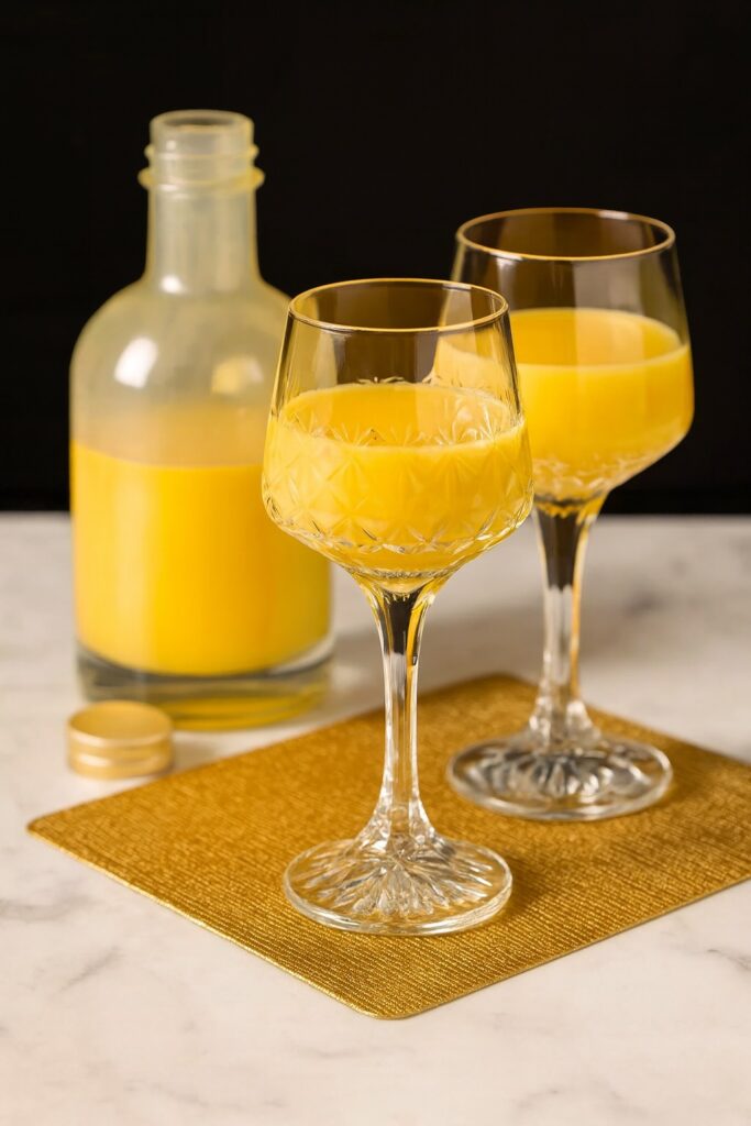 Zwei Gläser Bombardino-Eierlikör serviert aus einer eleganten Flasche – traditionelles italienisches Getränk für gemütliche Winterabende.