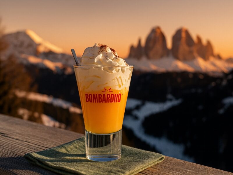 Bombardino mit Sahne im Glas vor der Kulisse der verschneiten Dolomiten – kultiger italienischer Ski-Drink mit Eierlikör und Brandy.
