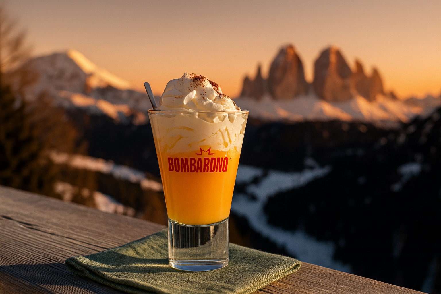 Bombardino mit Sahne im Glas vor der Kulisse der verschneiten Dolomiten – kultiger italienischer Ski-Drink mit Eierlikör und Brandy.