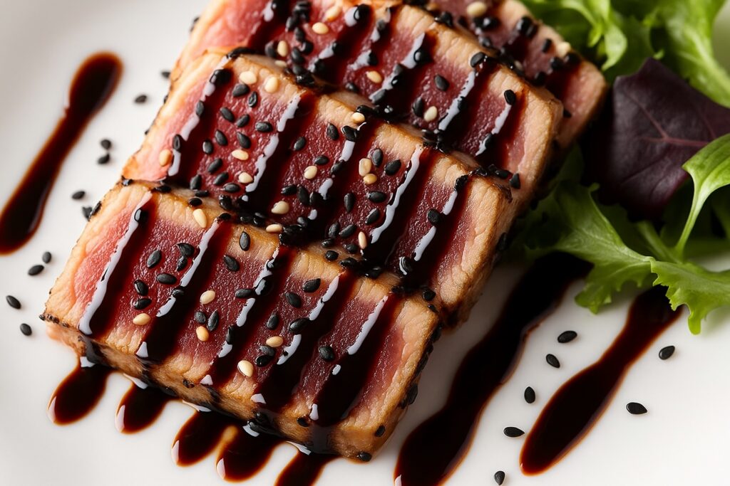 Nahaufnahme von in Scheiben geschnittenem, leicht angegrilltem Thunfisch, mit schwarzem und weißem Sesam bestreut und großzügig mit Balsamico-Creme verfeinert, auf einem Bett aus Blattsalat serviert.