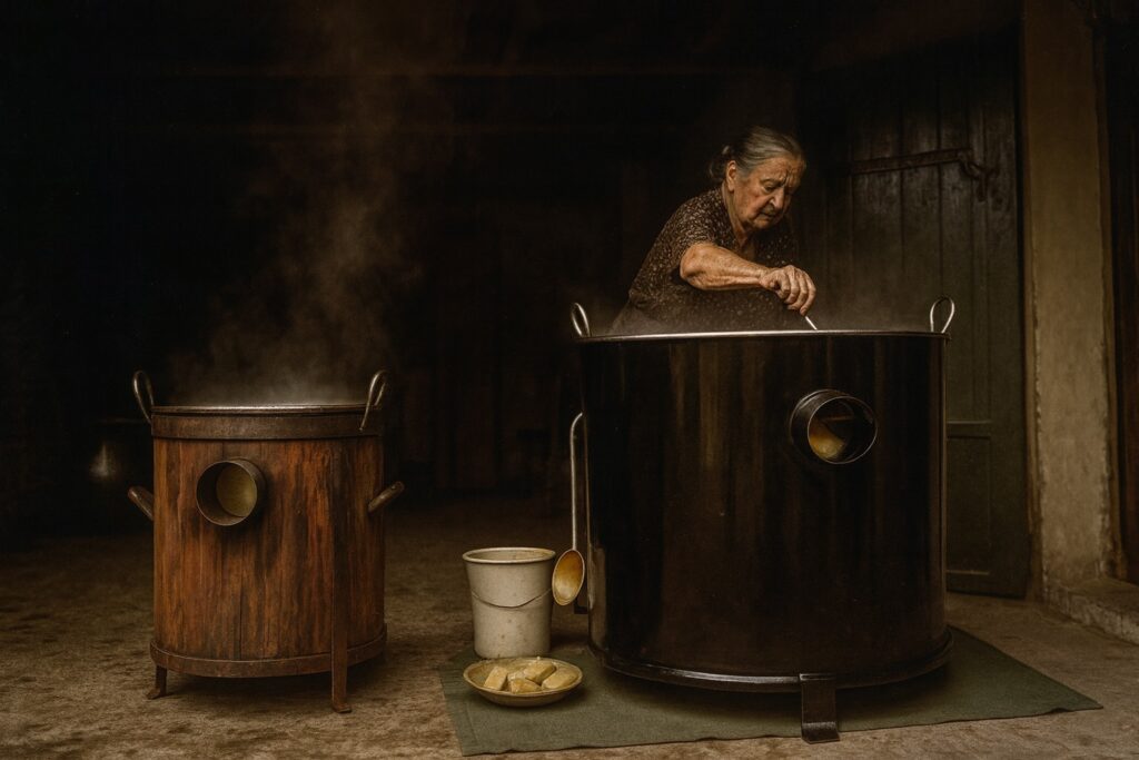 Ältere Frau rührt konzentriert in einem großen Kupferkessel – traditionelle Herstellung von Balsamico-Essig in einer historischen Acetaia in der Emilia-Romagna.