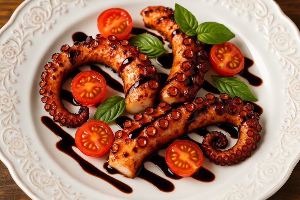 Gegrillte Oktopustentakel mit frischen Basilikumblättern und halbierten Kirschtomaten, kunstvoll mit Aceto Balsamico beträufelt, auf einem verzierten Porzellanteller angerichtet.
