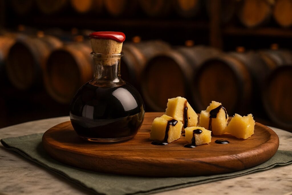 Glasflasche mit gereiftem Aceto Balsamico und Parmigiano-Reggiano-Würfeln – eine kulinarische Kombination aus Modena.