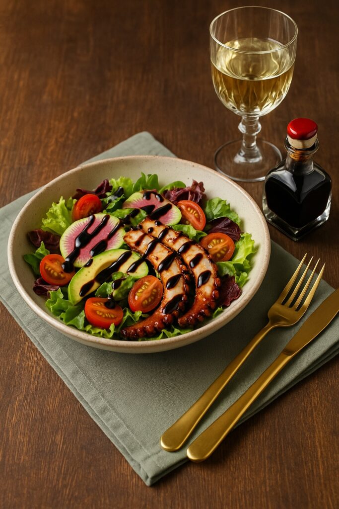 Bunter Salatteller mit Avocado, Radiesscheiben, Kirschtomaten und gegrilltem Oktopus, garniert mit Balsamico-Creme, dazu ein Glas Weißwein und eine dekorative Balsamico-Flasche.