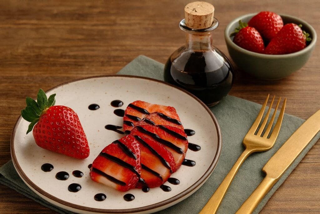 Frisch aufgeschnittene Erdbeeren mit feiner Balsamico-Creme beträufelt, serviert auf einem rustikalen Teller mit goldfarbenem Besteck und einer Glasflasche Aceto Balsamico im Hintergrund.