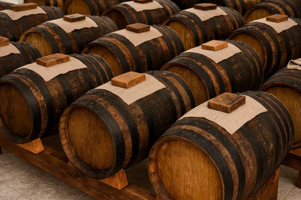 Klassische Holzfässer aus unterschiedlichen Hölzern zur jahrelangen Reifung von Aceto Balsamico in einer Acetaia in Modena.
