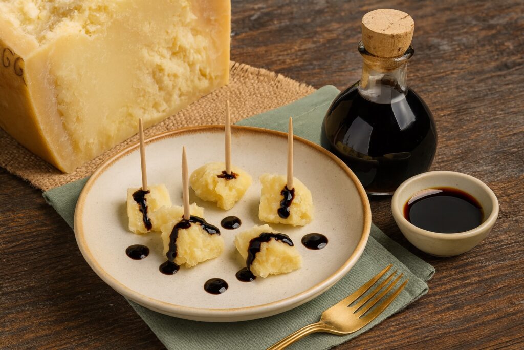 Stückchen von gereiftem Parmigiano Reggiano mit Zahnstochern angerichtet, verfeinert mit Balsamico-Essig, daneben eine kleine Schale und eine elegante Glasflasche mit Korkverschluss.
