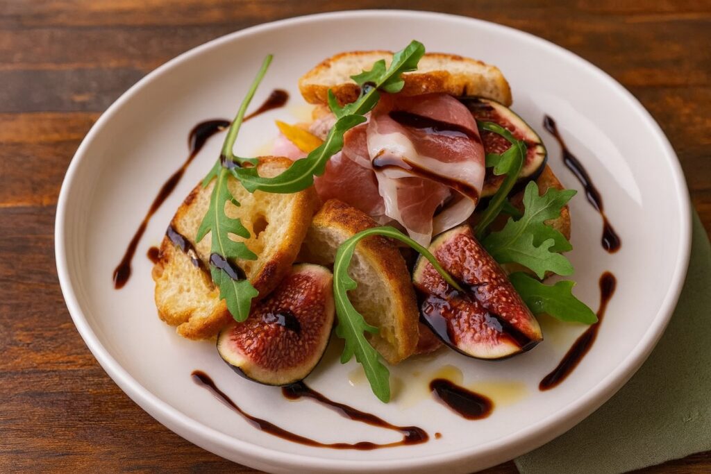 Feine Bruschetta mit Prosciutto, frischen Feigen und Rucola, verfeinert mit Aceto Balsamico – eine elegante Vorspeise auf weißem Teller mit Holzhintergrund.