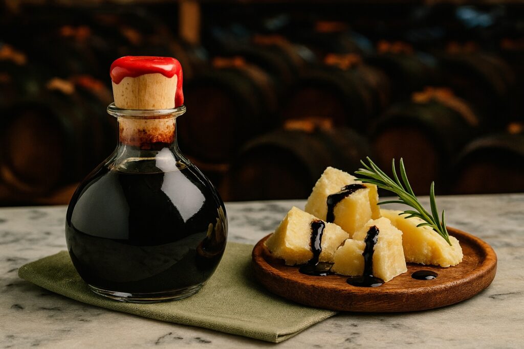 Edle Balsamico-Flasche mit Wachssiegel und Parmigiano-Würfeln mit Rosmarin – elegante Präsentation des „schwarzen Goldes“.