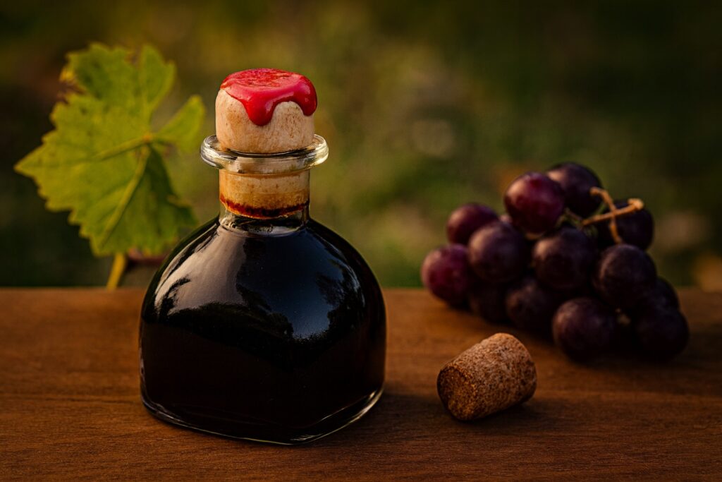 Rustikale Szene im Freien: Flasche Aceto Balsamico mit Wachssiegel, daneben rote Trauben und Rebstockblatt – Symbol für Herkunft und Qualität.
