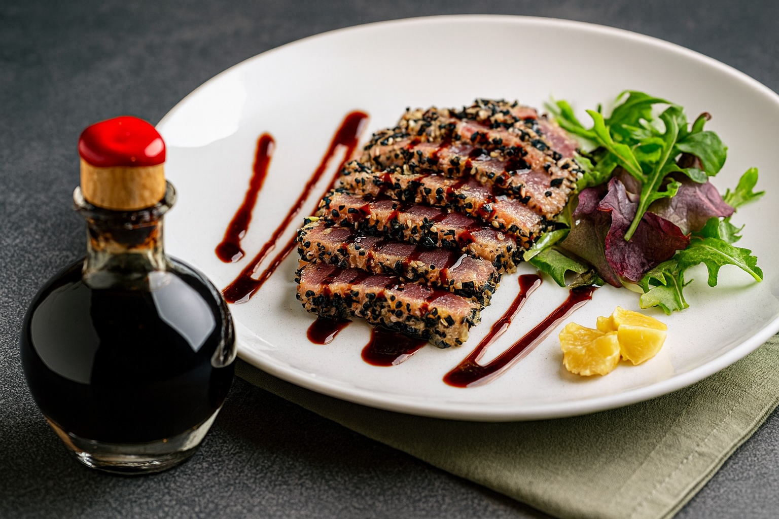 Scheiben von Sesamkrusten-Thunfisch mit frischem Blattsalat und Balsamico-Reduktion auf weißem Teller, daneben eine dekorative Glasflasche Aceto Balsamico.