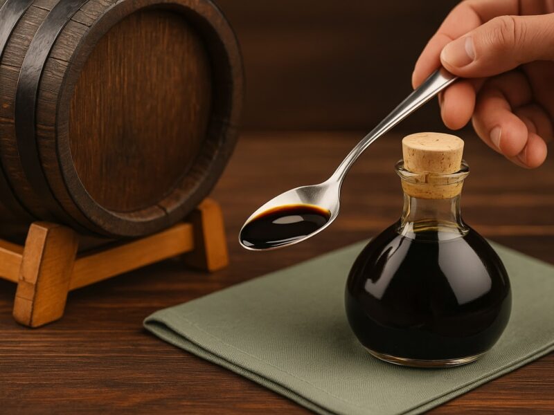 Dunkel glänzender Balsamico-Essig auf einem Löffel – vor Flasche und Holzfass, Sinnbild für Dichte, Qualität und Reifung.