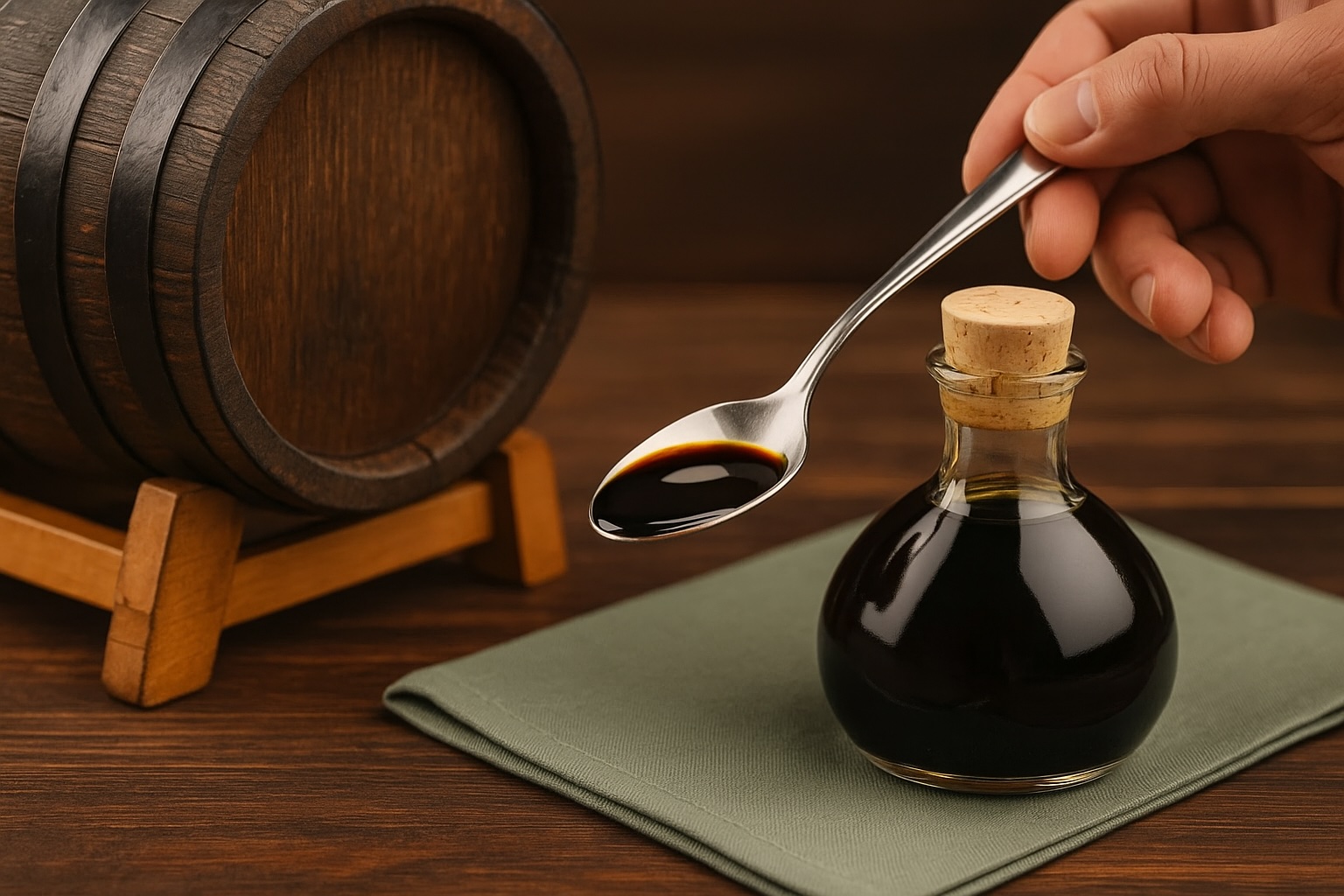 Dunkel glänzender Balsamico-Essig auf einem Löffel – vor Flasche und Holzfass, Sinnbild für Dichte, Qualität und Reifung.