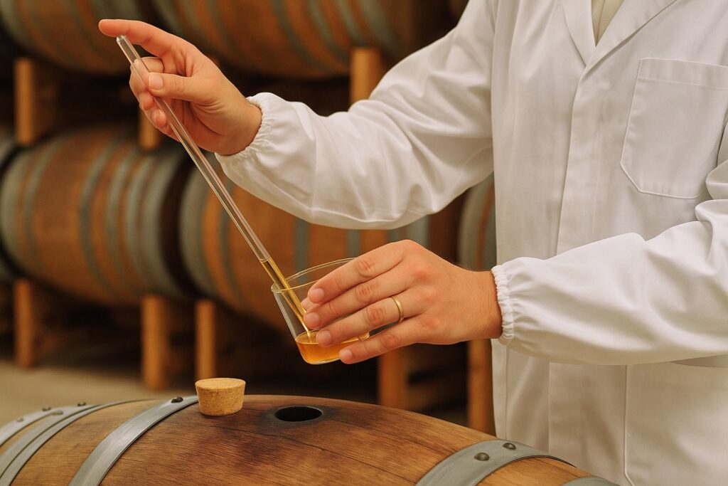 Ein Mitarbeiter in weißem Kittel zieht hellgoldenen Vermentino-Essig mit einer Glaspipette aus einem Holzfass – Qualitätskontrolle bei der Essigherstellung in Italien.